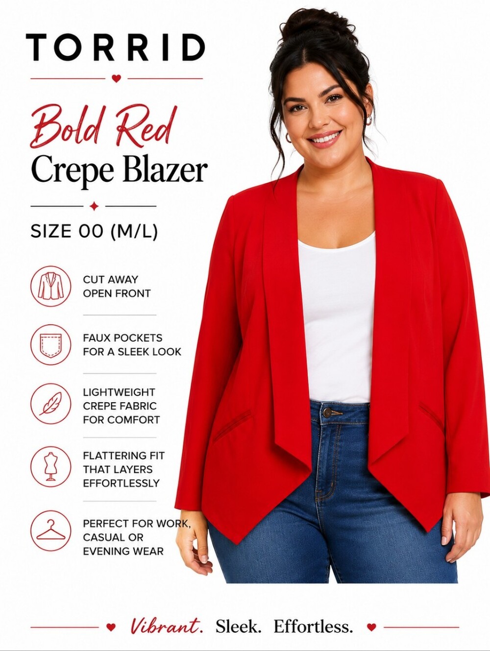 Torrid Bold Red Crepe Cut Away Long Sleeve Blazer Size M/L